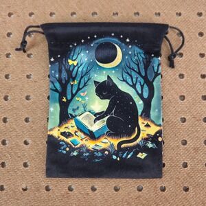 Black Celestial Cat Velvet Drawstring Pouch Med Tarot Jewelry Bag 5x7 Travel